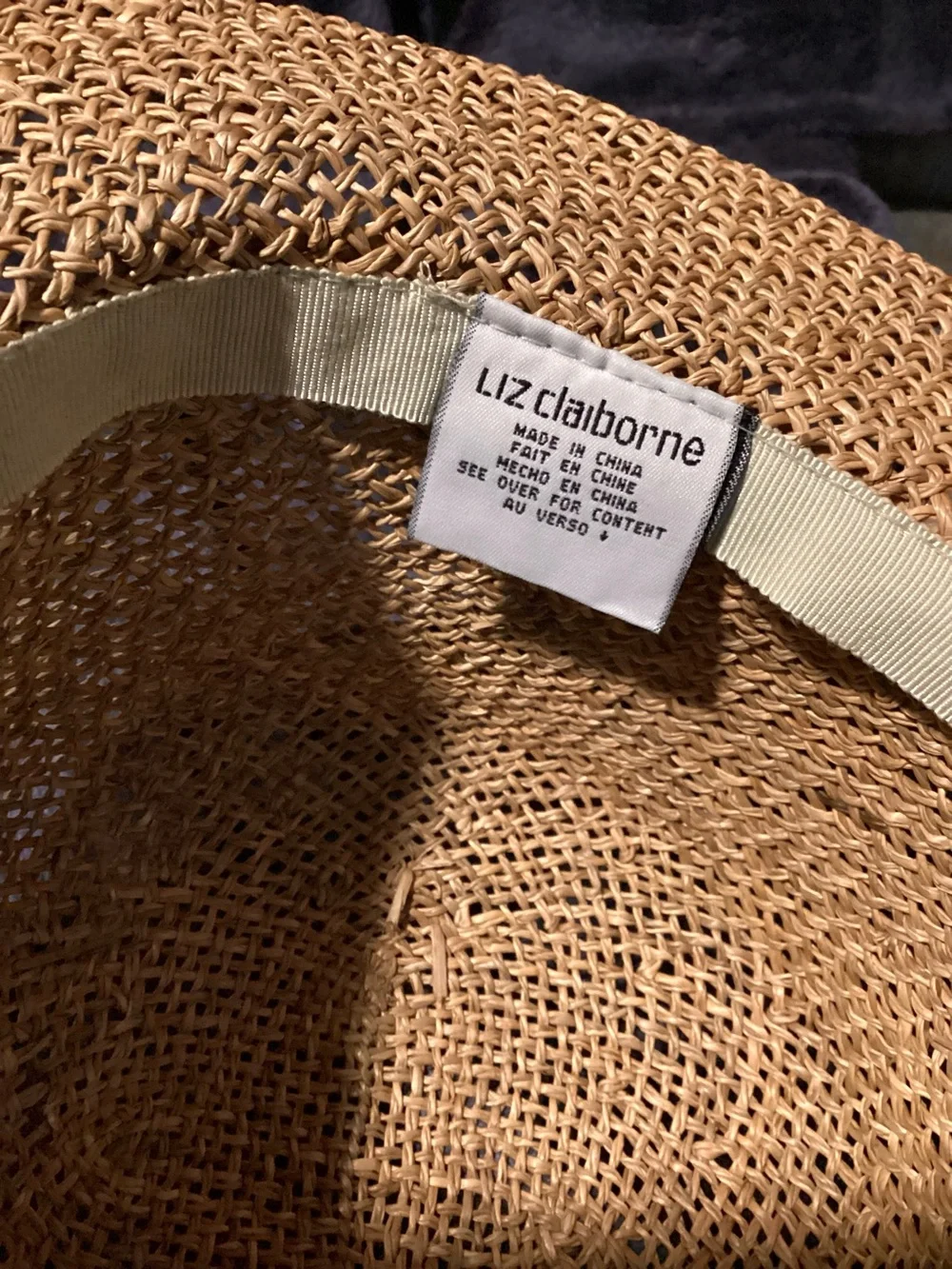 Vintage Liz Claiborne Women’s Straw Hat Sun Rolled Brim Bow Hand Woven Tan